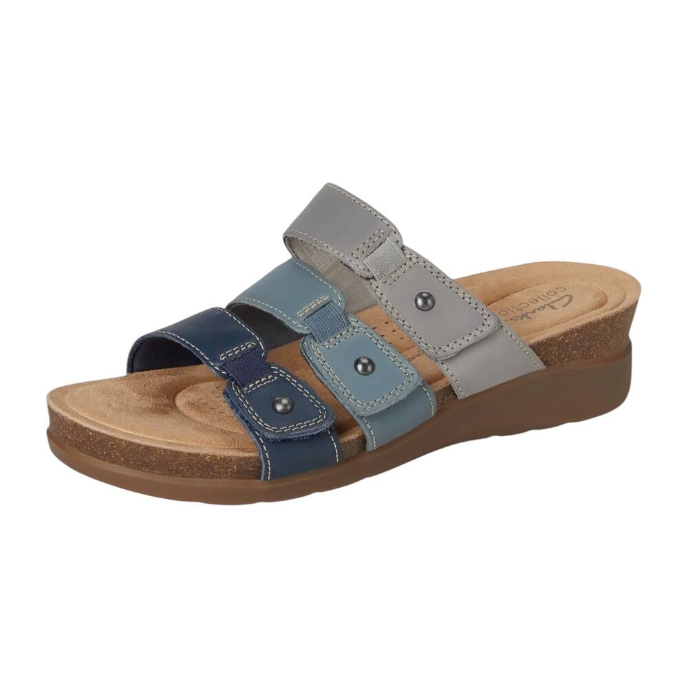 Clarks Women's Calenne Lily Leather Wedge Slip On Sandals Blue Multi Size 7 W